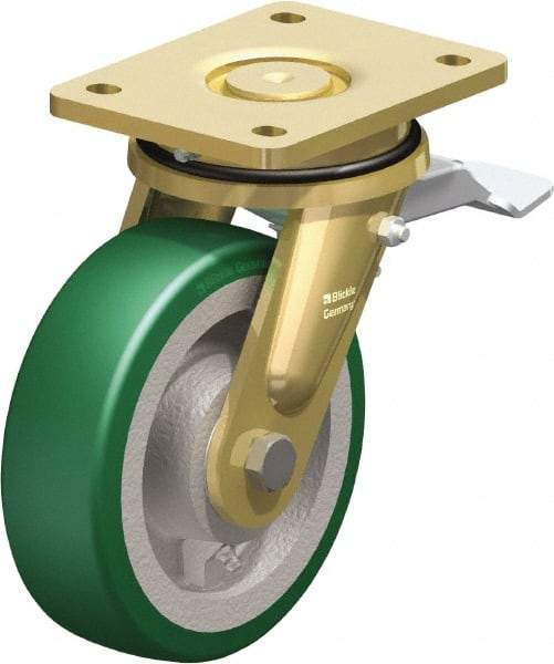 Blickle - 6-1/2" Diam x 1-31/32" Wide x 8-5/64" OAH Top Plate Mount Swivel Caster with Brake - Polyurethane-Elastomer Blickle Softhane, 1,320 Lb Capacity, Ball Bearing, 5-1/2 x 4-3/8" Plate - Makers Industrial Supply