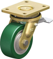 Blickle - 5" Diam x 1-31/32" Wide x 6-11/16" OAH Top Plate Mount Swivel Caster with Brake - Polyurethane-Elastomer Blickle Softhane, 990 Lb Capacity, Ball Bearing, 5-1/2 x 4-3/8" Plate - Makers Industrial Supply