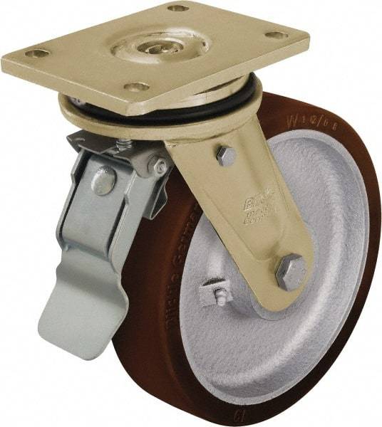 Blickle - 8" Diam x 1-31/32" Wide x 9-41/64" OAH Top Plate Mount Swivel Caster with Brake - Polyurethane-Elastomer Blickle Besthane, 2,200 Lb Capacity, Ball Bearing, 5-1/2 x 4-3/8" Plate - Makers Industrial Supply