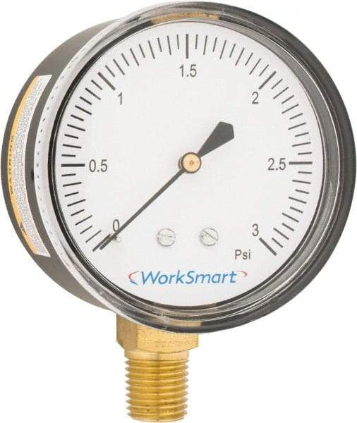 Value Collection - 2-1/2" Dial, 1/4 Thread, 0-3 Scale Range, Pressure Gauge - Lower Connection Mount, Accurate to 1.5% of Scale - Makers Industrial Supply