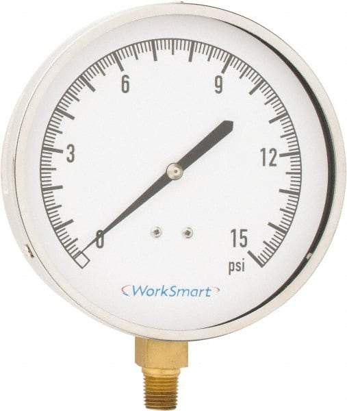 Value Collection - 4-1/2" Dial, 1/4 Thread, 0-15 Scale Range, Pressure Gauge - Lower Connection Mount, Accurate to 0.01% of Scale - Makers Industrial Supply