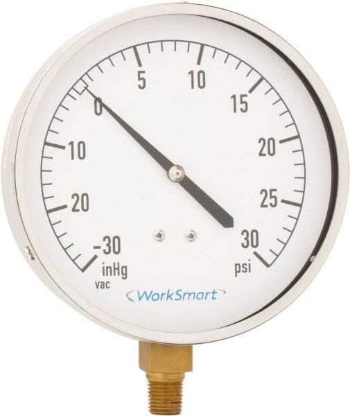 Value Collection - 4-1/2" Dial, 1/4 Thread, 30-0-30 Scale Range, Pressure Gauge - Lower Connection Mount, Accurate to 0.01% of Scale - Makers Industrial Supply