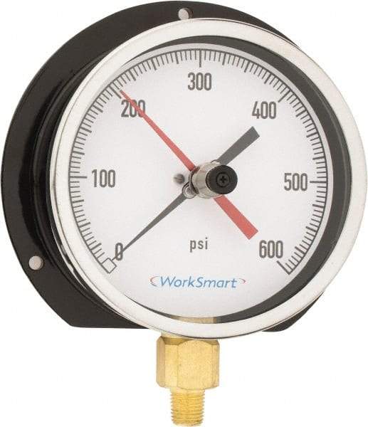 Value Collection - 4-1/2" Dial, 1/4 Thread, 0-600 Scale Range, Pressure Gauge - Lower Connection Mount, Accurate to 0.5% of Scale - Makers Industrial Supply