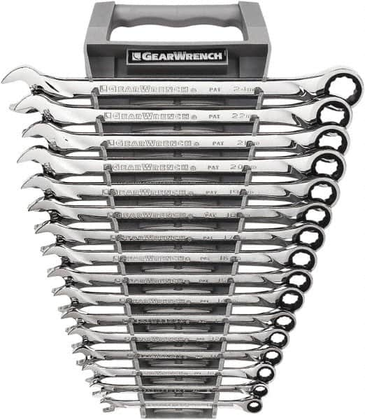 GearWrench - 16 Piece, 8mm to 24mm, 12 Point Combination Wrench Set - Metric Measurement Standard, Full Polish Chrome Finish - Makers Industrial Supply