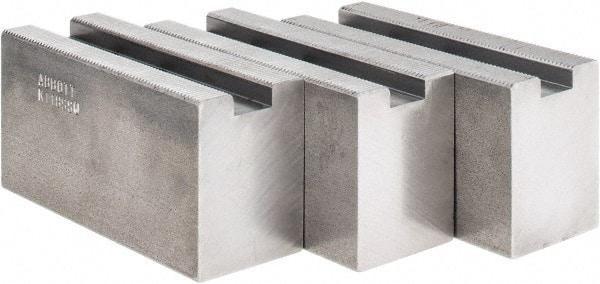 Abbott Workholding Products - 1.5mm x 60° Serrated Attachment, Square Soft Lathe Chuck Jaw - 3 Jaws, Steel, 63/64" Btw Mount Hole Ctrs, 4" Long x 1-1/2" Wide x 2" High, 0.5512" Groove, 0.4724" & 12mm Fastener - Makers Industrial Supply