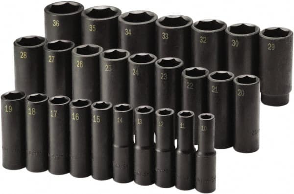 SK - 26 Piece 1/2" Drive Deep Impact Socket Set - 6 Points, 10 to 36mm, Metric Measurement Standard - Makers Industrial Supply