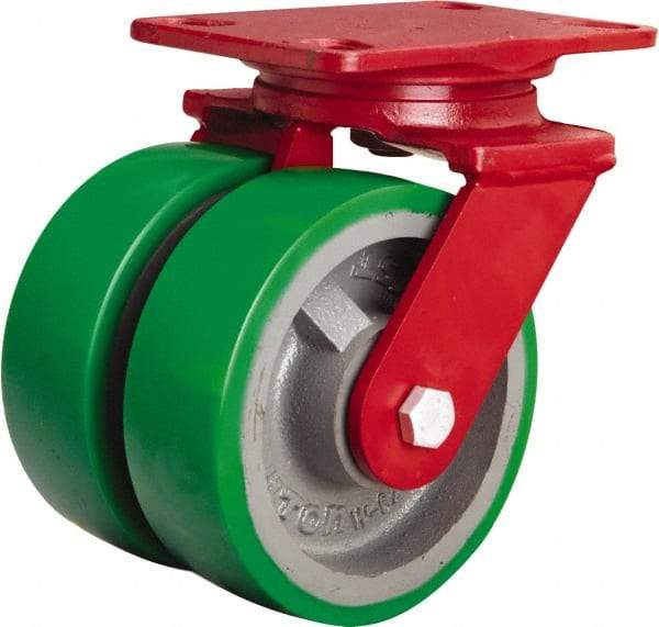 Hamilton - 6" Diam x 2" Wide x 7-3/4" OAH Top Plate Mount Swivel Caster - Polyurethane Mold onto Cast Iron Center, 2,400 Lb Capacity, Sealed Precision Ball Bearing, 4-1/2 x 6-1/2" Plate - Makers Industrial Supply