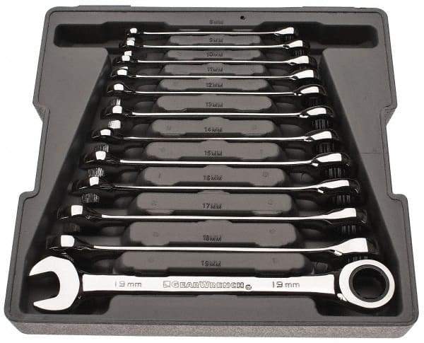 GearWrench - 12 Piece, 8mm to 19mm, Combination Wrench Set - Metric Measurement Standard, Chrome Finish, Comes in Tray - Makers Industrial Supply