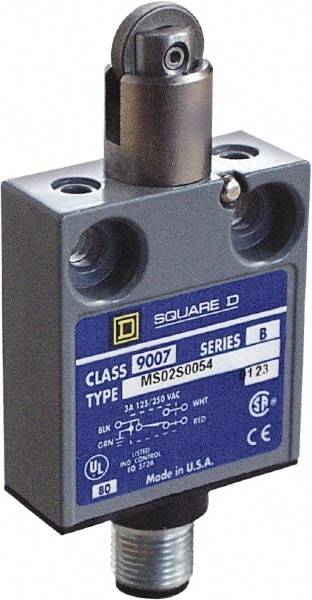 Square D - SPDT, NC/NO, Multiple VAC Levels, 4 Pin DC Micro Connector Terminal, Parallel Roller Plunger Actuator, General Purpose Limit Switch - 1, 2, 4, 6, 6P NEMA Rating, IP67 IPR Rating, 80 Ounce Operating Force - Makers Industrial Supply