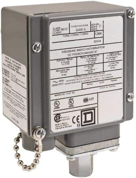 Square D - 4, 13 and 4X NEMA Rated, SPDT, 170 to 5,600 psi, Electromechanical Pressure and Level Switch - Fixed Pressure, 120 VAC at 6 Amp, 125 VDC at 0.22 Amp, 240 VAC at 3 Amp, 250 VDC at 0.27 Amp, 1/4 Inch Connector, Screw Terminal, For Use with 9012G - Makers Industrial Supply