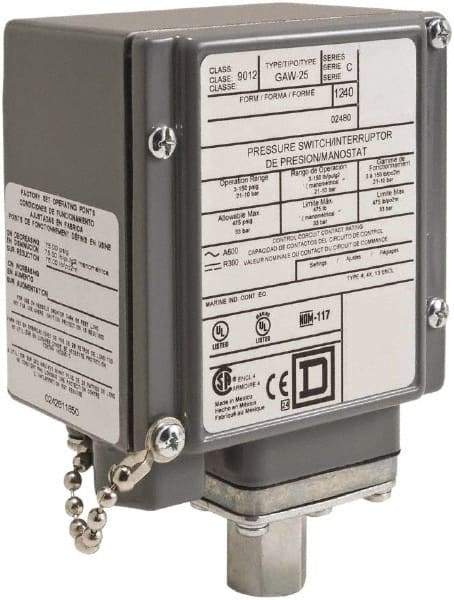 Square D - 4, 13 and 4X NEMA Rated, DPDT, 13 to 425 psi, Electromechanical Pressure and Level Switch - Fixed Pressure, 120 VAC at 6 Amp, 125 VDC at 0.22 Amp, 240 VAC at 3 Amp, 250 VDC at 0.11 Amp, 1/4 Inch Connector, Screw Terminal, For Use with 9012G - Makers Industrial Supply