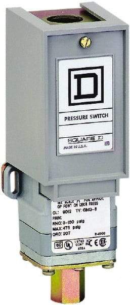 Square D - 1 NEMA Rated, SPDT, 3 to 150 psi, Electromechanical Pressure and Level Switch - Fixed Pressure, 120 VAC at 6 Amp, 125 VDC at 0.22 Amp, 240 VAC at 3 Amp, 250 VDC at 0.27 Amp, 1/4 Inch Connector, Screw Terminal, For Use with 9012G - Makers Industrial Supply