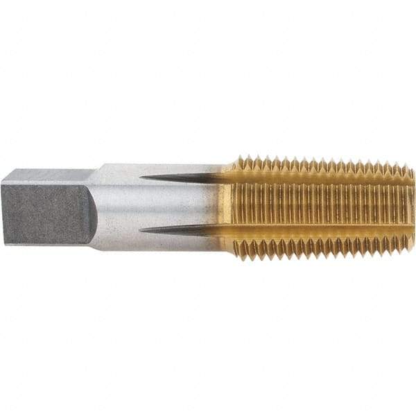 Hertel - 1/2-14 NPT, TiN Coated, High Speed Steel, Thread Forming Pipe Tap - 3-1/8 Inch Overall Length, 1-3/8 Inch Thread Length, 11/16 Inch Shank Diameter, 0.515 Inch Square Size - Exact Industrial Supply