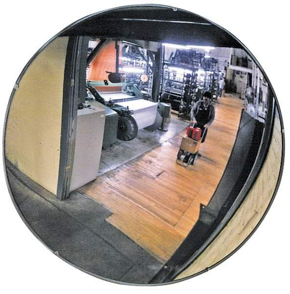 PRO-SAFE - Outdoor Round Convex Safety, Traffic & Inspection Mirrors - Glass Lens, Laminated Hardboard Backing, 36" Diam x 2-3/8" High, 32' Max Covered Distance - Makers Industrial Supply