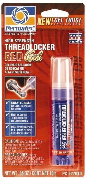 Permatex - 10 Gal Tube, Red, High Strength Gel Threadlocker - Series 270, 24 hr Full Cure Time, Hand Tool, Heat Removal - Makers Industrial Supply