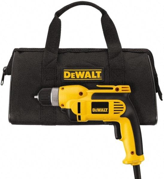 DeWALT - 3/8" Keyless Chuck, 2,500 RPM, Pistol Grip Handle Electric Drill - 8 Amps, Reversible, Includes Kit Box - Makers Industrial Supply