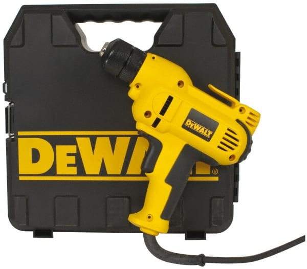 DeWALT - 3/8" Keyless Chuck, 2,500 RPM, Pistol Grip Handle Electric Drill - 8 Amps, Reversible, Includes Kit Box - Makers Industrial Supply