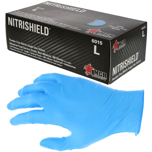 NitriShield Gloves - 4 mil Blue Nitrile Industrial/Food Service Grade - Textured Grip - Powder Free - Box of 100 - Size Large - Makers Industrial Supply