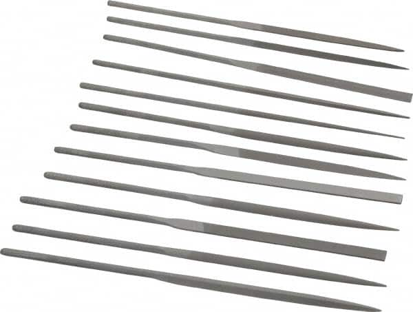 Grobet - 12 Piece Swiss Pattern File Set - 5-1/2" Long, 0 Coarseness, Set Includes Barrette, Crossing, Equalling, Half Round, Knife, Marking, Round, Round Edge Joint, Slitting, Square, Three Square, Warding - Makers Industrial Supply