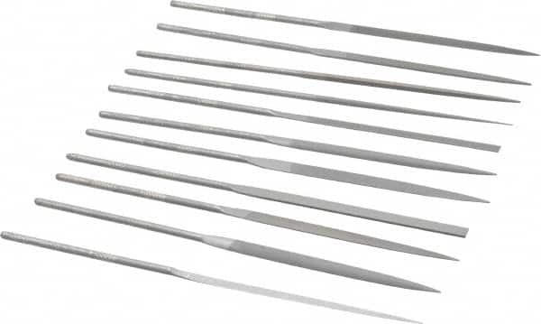 Grobet - 12 Piece Swiss Pattern File Set - 6-1/4" Long, 2 Coarseness, Set Includes Barrette, Crossing, Equalling, Half Round, Knife, Marking, Round, Round Edge Joint, Slitting, Square, Three Square, Warding - Makers Industrial Supply