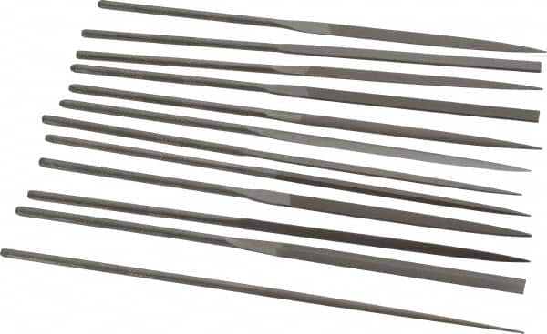 Grobet - 12 Piece Swiss Pattern File Set - 6-1/4" Long, 4 Coarseness, Set Includes Barrette, Crossing, Equalling, Half Round, Knife, Marking, Round, Round Edge Joint, Slitting, Square, Three Square, Warding - Makers Industrial Supply