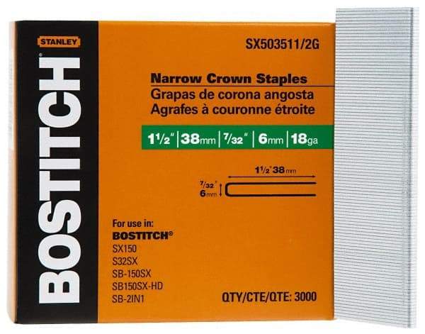 Stanley Bostitch - 1-1/2" Long x 7/32" Wide, 18 Gauge Crowned Construction Staple - Steel, Galvanized Finish - Makers Industrial Supply