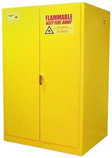 Eagle - 2 Door, 2 Shelf, Yellow Steel Standard Safety Cabinet for Flammable and Combustible Liquids - 65" High x 43" Wide x 34" Deep, Manual Closing Door, 3 Point Key Lock, 90 Gal Capacity - Makers Industrial Supply