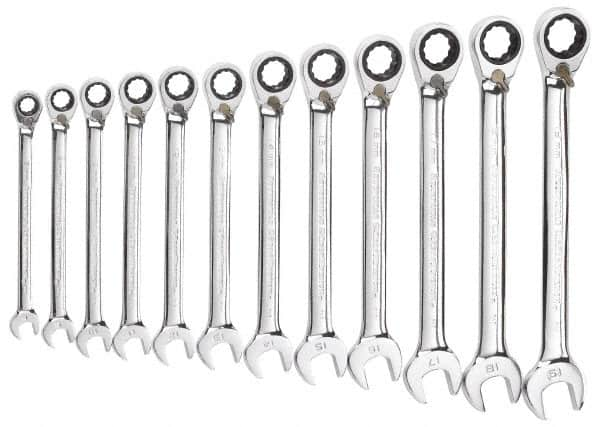 GearWrench - 12 Piece, 8mm to 19mm, Ratcheting Combination Wrench Set - Metric Measurement Standard, Chrome Finish, Comes in Tray - Makers Industrial Supply