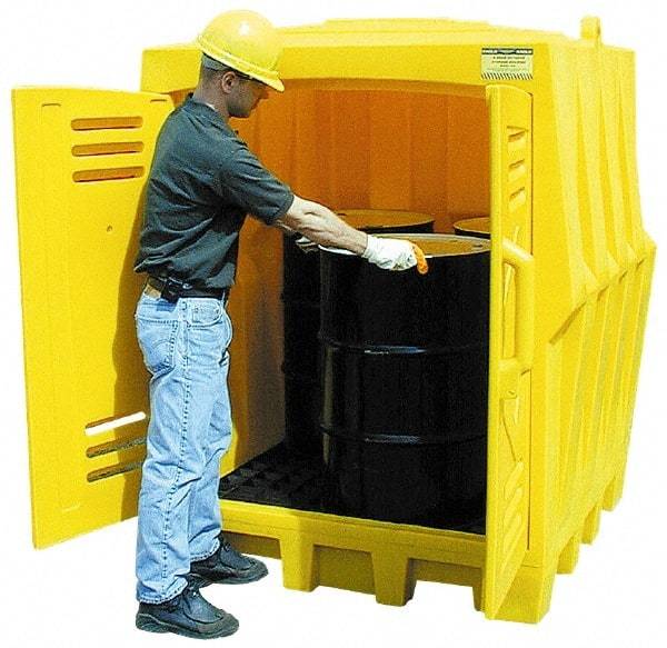 Eagle - 4 Drum, 66 Gal Sump Capacity, Storage Hut - 57-1/2" Long x 57-1/2" Wide x 72" High, Vertical Storage, Polyethylene - Makers Industrial Supply