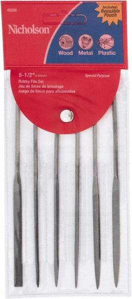 Nicholson - 6 Piece American Pattern File Set - 5-1/2" Long, Fine Coarseness, Set Includes Equalling, Flat, Half Round, Round, Square, Three Square - Makers Industrial Supply