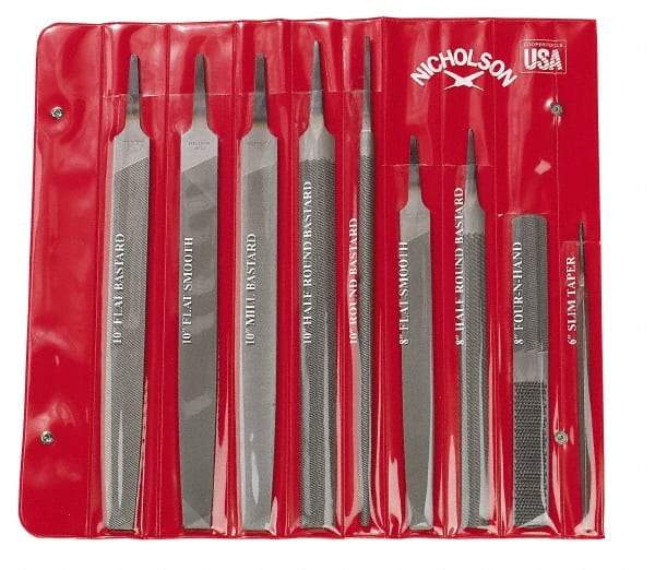 Nicholson - 9 Piece American Pattern File Set - 6", 8", 10" Long, Bastard/Smooth Coarseness, Set Includes Flat, Half Round, Mill, Round, Slim Taper - Makers Industrial Supply