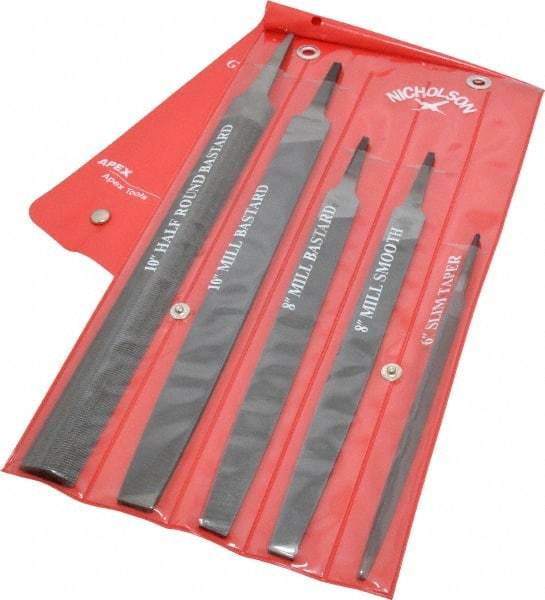 Nicholson - 5 Piece American Pattern File Set - 6", 8", 10" Long, Bastard/Smooth Coarseness, Set Includes Half Round, Mill, Slim Taper - Makers Industrial Supply