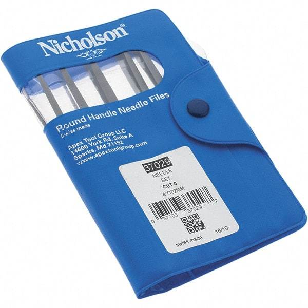 Nicholson - 12 Piece Swiss Pattern File Set - 4" Long, 0 Coarseness, Round Handle, Set Includes Barrette, Crossing, Equalling, Flat, Half Round, Knife, Round, Slitting, Square, Three Square - Makers Industrial Supply