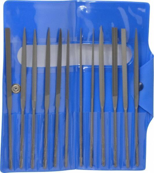 Nicholson - 12 Piece Swiss Pattern File Set - 5-1/2" Long, 2 Coarseness, Round Handle, Set Includes Barrette, Crossing, Equalling, Flat, Half Round, Knife, Round, Slitting, Square, Three Square - Makers Industrial Supply