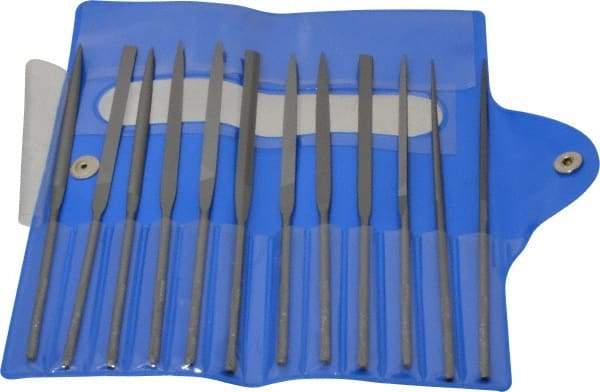 Nicholson - 12 Piece Swiss Pattern File Set - 5-1/2" Long, 4 Coarseness, Round Handle, Set Includes Barrette, Crossing, Equalling, Flat, Half Round, Knife, Round, Slitting, Square, Three Square - Makers Industrial Supply