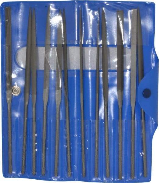 Nicholson - 12 Piece Swiss Pattern File Set - 6-1/4" Long, 0 Coarseness, Round Handle, Set Includes Barrette, Crossing, Equalling, Flat, Half Round, Knife, Round, Slitting, Square, Three Square - Makers Industrial Supply