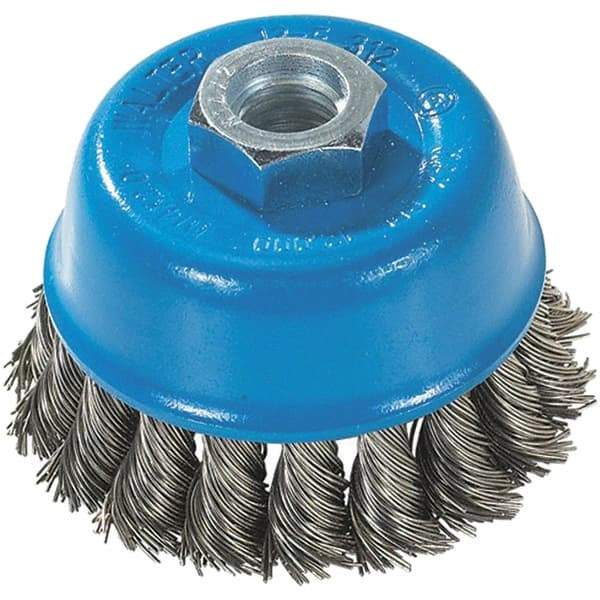 WALTER Surface Technologies - 3" Diam, 5/8-11 Threaded Arbor, Stainless Steel Fill Cup Brush - 0.015 Wire Diam, 12,000 Max RPM - Makers Industrial Supply
