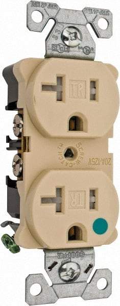 Cooper Wiring Devices - 125 VAC, 20 Amp, 5-20R NEMA Configuration, Ivory, Hospital Grade, Self Grounding Duplex Receptacle - 1 Phase, 2 Poles, 3 Wire, Flush Mount, Chemical, Impact and Tamper Resistant - Makers Industrial Supply