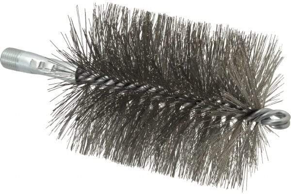 Schaefer Brush - 4-1/2" Brush Length, 3-1/2" Diam, Double Stem, Double Spiral Tube Brush - 7-1/4" Long, Stainless Steel, 1/4" NPSM Male Connection - Makers Industrial Supply