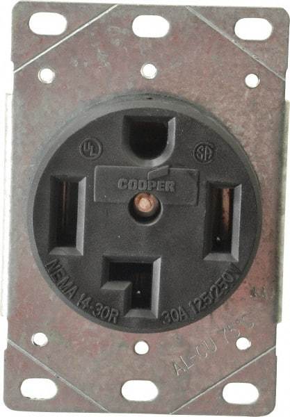 Cooper Wiring Devices - 125/250 VAC, 30 Amp, 14-30R NEMA Configuration, Black, Specification Grade, Ungrounded Single Receptacle - 1 Phase, 3 Poles, 3 Wire, Flush Mount, Corrosion Resistant - Makers Industrial Supply