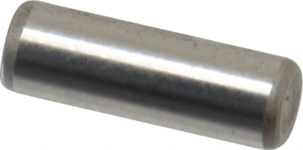 Made in USA - 1/8" Diam x 3/8" Pin Length Grade 8 Alloy Steel Standard Dowel Pin - Bright Finish, C 47-58 & C 60 (Surface) Hardness, 1,840 Lb (Single Shear), 3,680 Lb (Double Shear) Breaking Strength, 1 Beveled & 1 Rounded End - Makers Industrial Supply