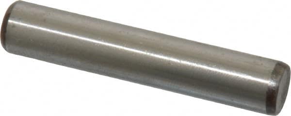 Made in USA - 3/8" Diam x 2" Pin Length Grade 8 Alloy Steel Standard Dowel Pin - Bright Finish, C 47-58 & C 60 (Surface) Hardness, 16,550 Lb (Single Shear), 33,100 Lb (Double Shear) Breaking Strength, 1 Beveled & 1 Rounded End - Makers Industrial Supply