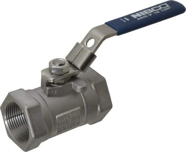 NIBCO - 1-1/4" Pipe, Reduced Port, Carbon Steel Standard Ball Valve - 1 Piece, Inline - One Way Flow, FNPT x FNPT Ends, Locking Lever Handle, 2,000 WOG - Makers Industrial Supply