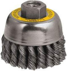 DeWALT - 3" Diam, M10x1.25 Threaded Arbor, Steel Fill Cup Brush - 0.02 Wire Diam, 7/8" Trim Length, 14,000 Max RPM - Makers Industrial Supply