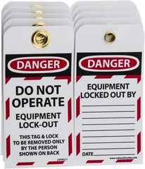 NMC - 3" High x 6" Long, DANGER - DO NOT OPERATE - EQUIPMENT LOCK-OUT - THIS TAG & LOCK TO BE REMOVED ONLY BY THE PERSON SHOWN ON BACK, English Safety & Facility Lockout Tag - Tag Header: Danger, 2 Sides, Black, Red & White Unrippable Vinyl - Makers Industrial Supply