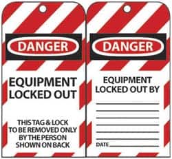 NMC - 3" High x 6" Long, DANGER - EQUIPMENT LOCKED OUT - THIS TAG & LOCK TO BE REMOVED ONLY BY THE PERSON SHOWN ON BACK, English Safety & Facility Lockout Tag - Tag Header: Danger, 2 Sides, Black, Red & White Unrippable Vinyl - Makers Industrial Supply