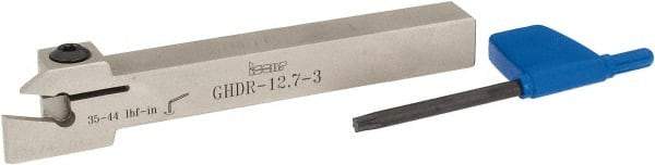 Iscar - External Thread, 0.33" Max Depth of Cut, 0.11" Min Groove Width, 4-1/2" OAL, Right Hand Indexable Grooving Cutoff Toolholder - 1/2" Shank Height x 1/2" Shank Width, GI.., GPV.., TIP.. Insert Style, GHD Toolholder Style, Series Cut Grip - Makers Industrial Supply