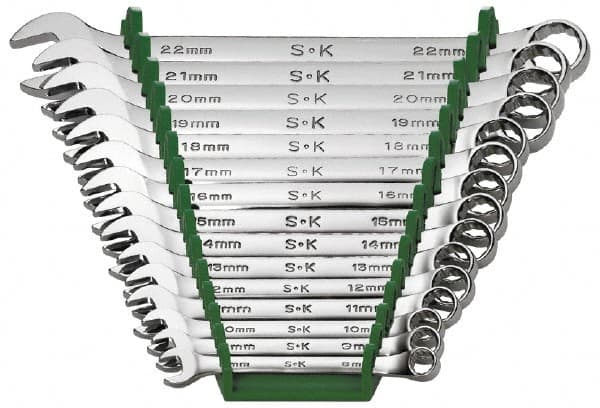 SK - 15 Piece, 8 to 22mm, Combination Wrench Set - Metric System of Measurement, Chrome Finish, Comes in Rack - Makers Industrial Supply