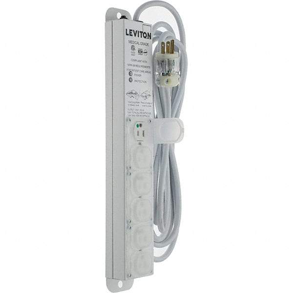 Leviton - 6 Outlets, 125 VAC15 Amps, 15' Cord, Surge Power Outlet Strip - Wall/Surface Mount, 5-20 NEMA Configuration, 1-1/4' Strip, UL 60601-1 - Makers Industrial Supply