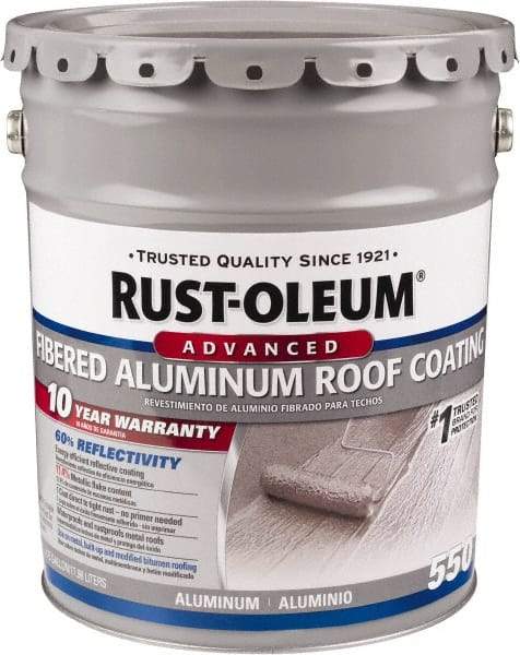 Rust-Oleum - 5 Gal Pail Aluminum Fibered Aluminum Roof Coating - 50 Sq Ft/Gal Coverage, 467 g/L VOC Content, Mildew Resistant, Long Term Durability & Weather Resistance - Makers Industrial Supply